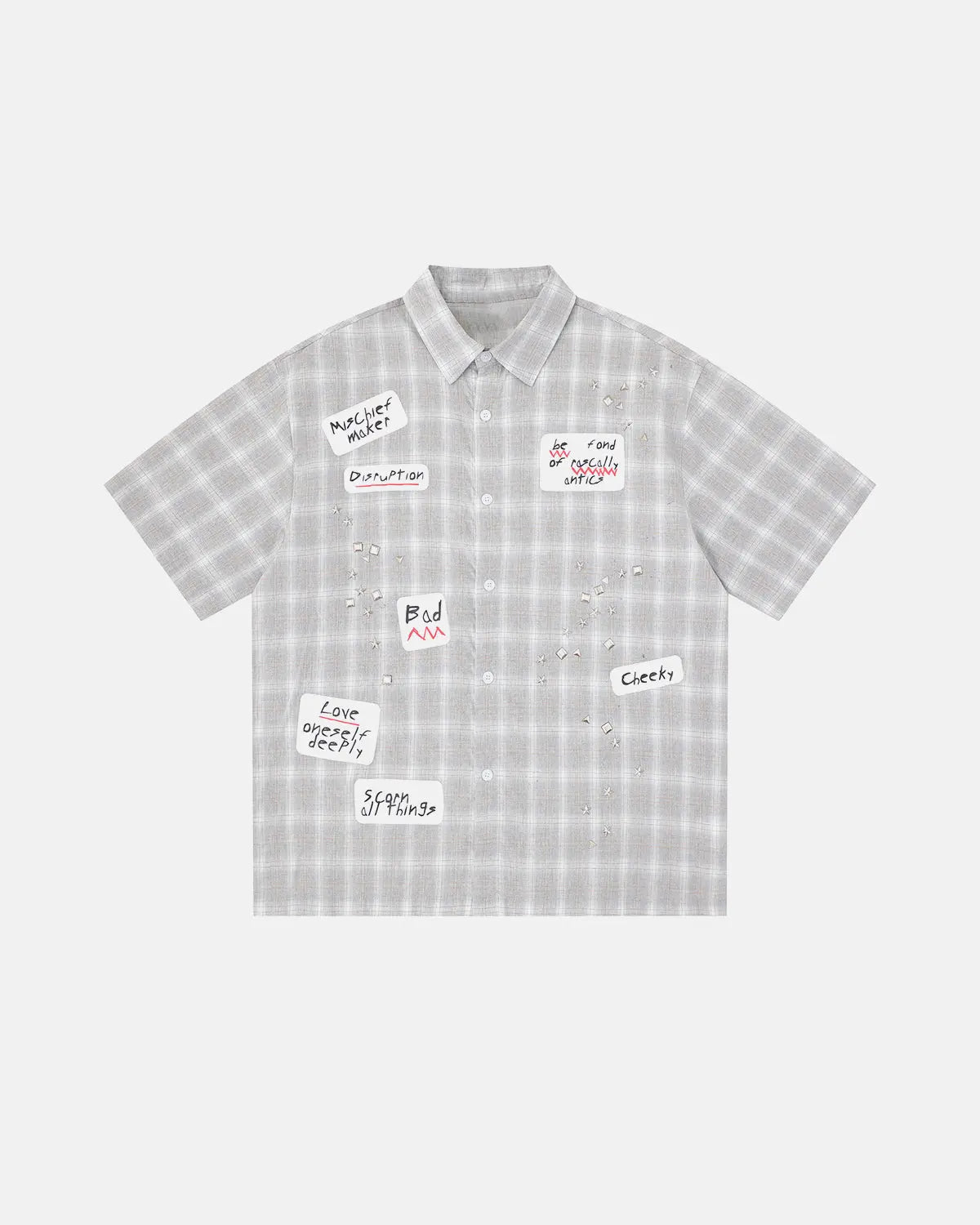 Inflation Streetwear plaid sticker graphic studded shirt featuring bold plaid pattern, studded accents, and streetwear style.