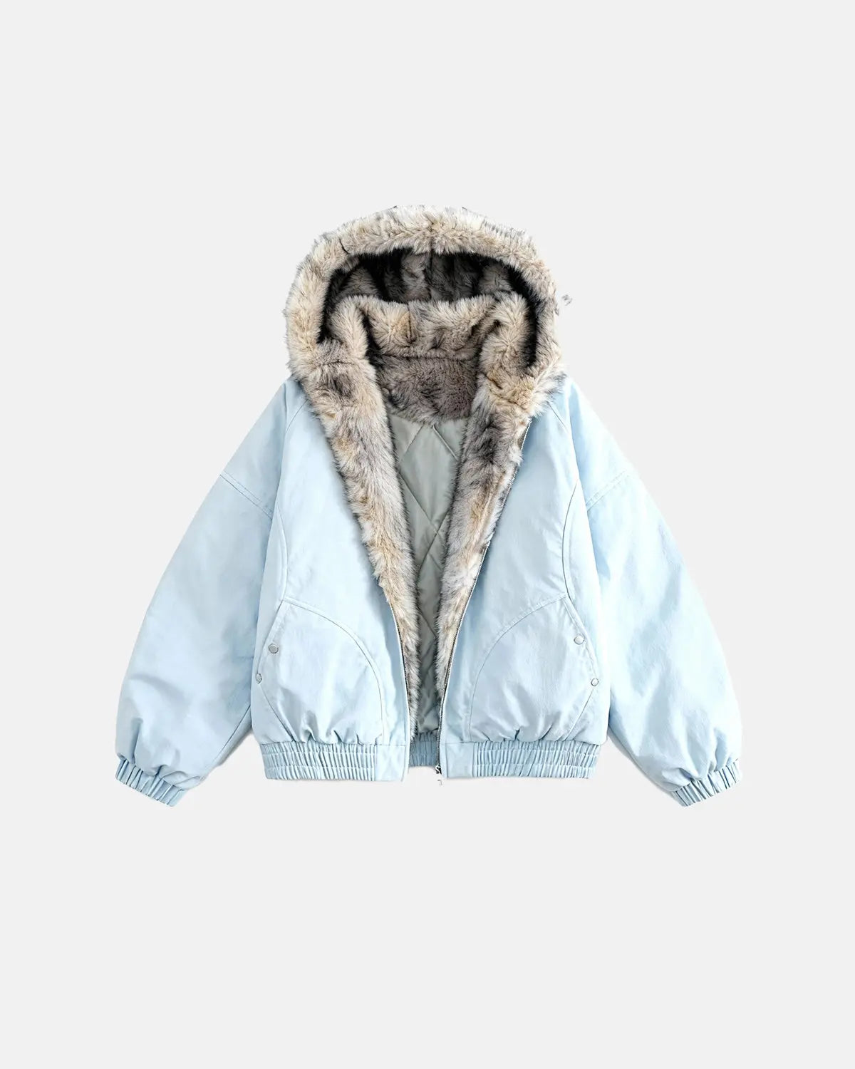 Inflation brand faux fur lined padded bomber jacket with quilted design and zipper closure, styled as streetwear.