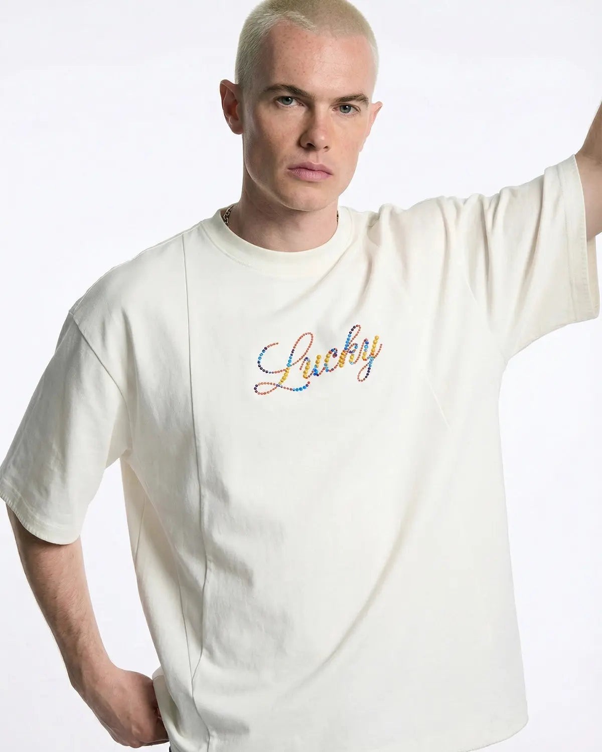 Rhinestone Lucky graphic oversized T-shirt by INFLATION, featuring bold design and streetwear style with sparkling rhinestone details.