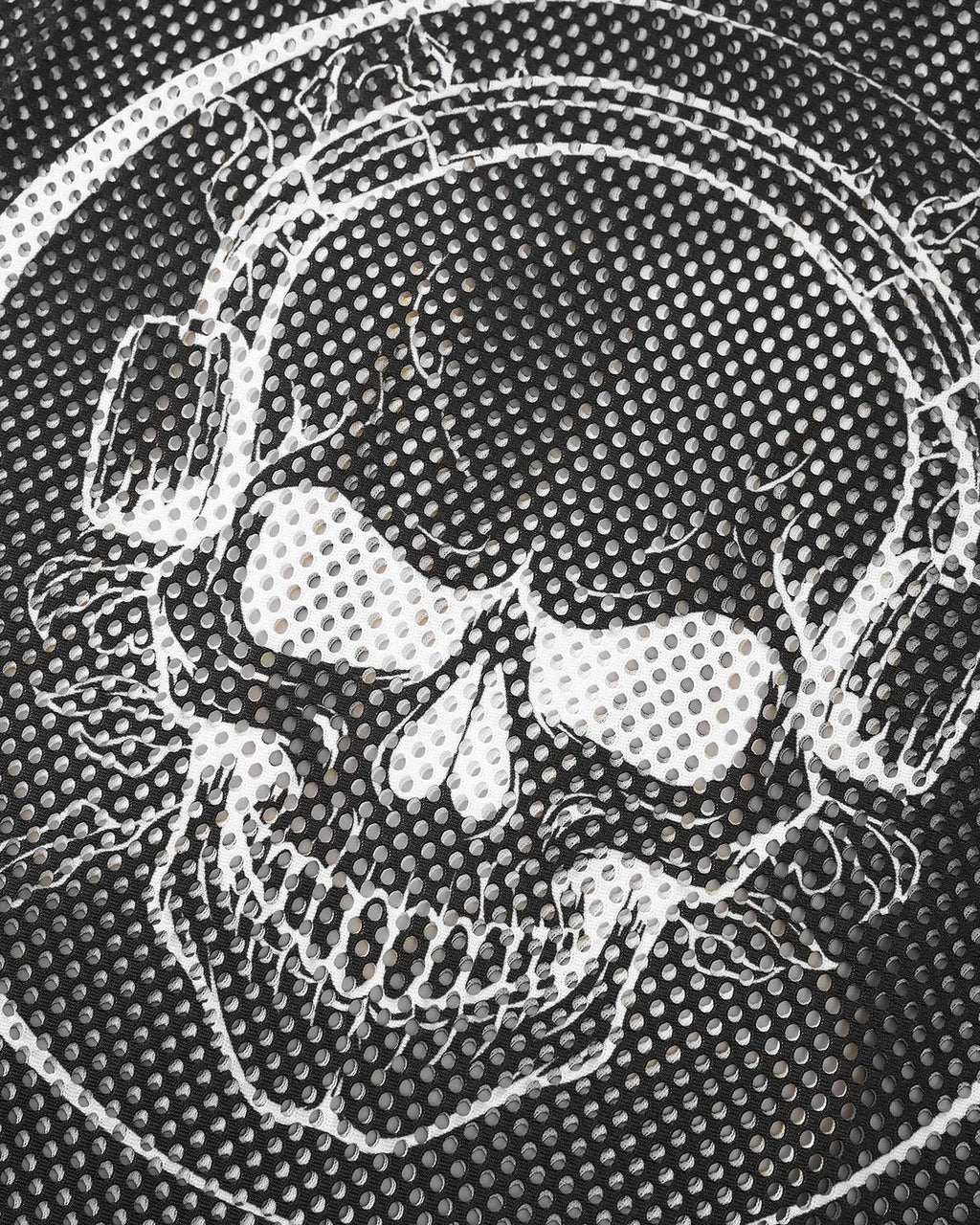 Inflation Mesh Skeleton Print Long Sleeve Tee featuring a detailed skeletal design on black mesh fabric.