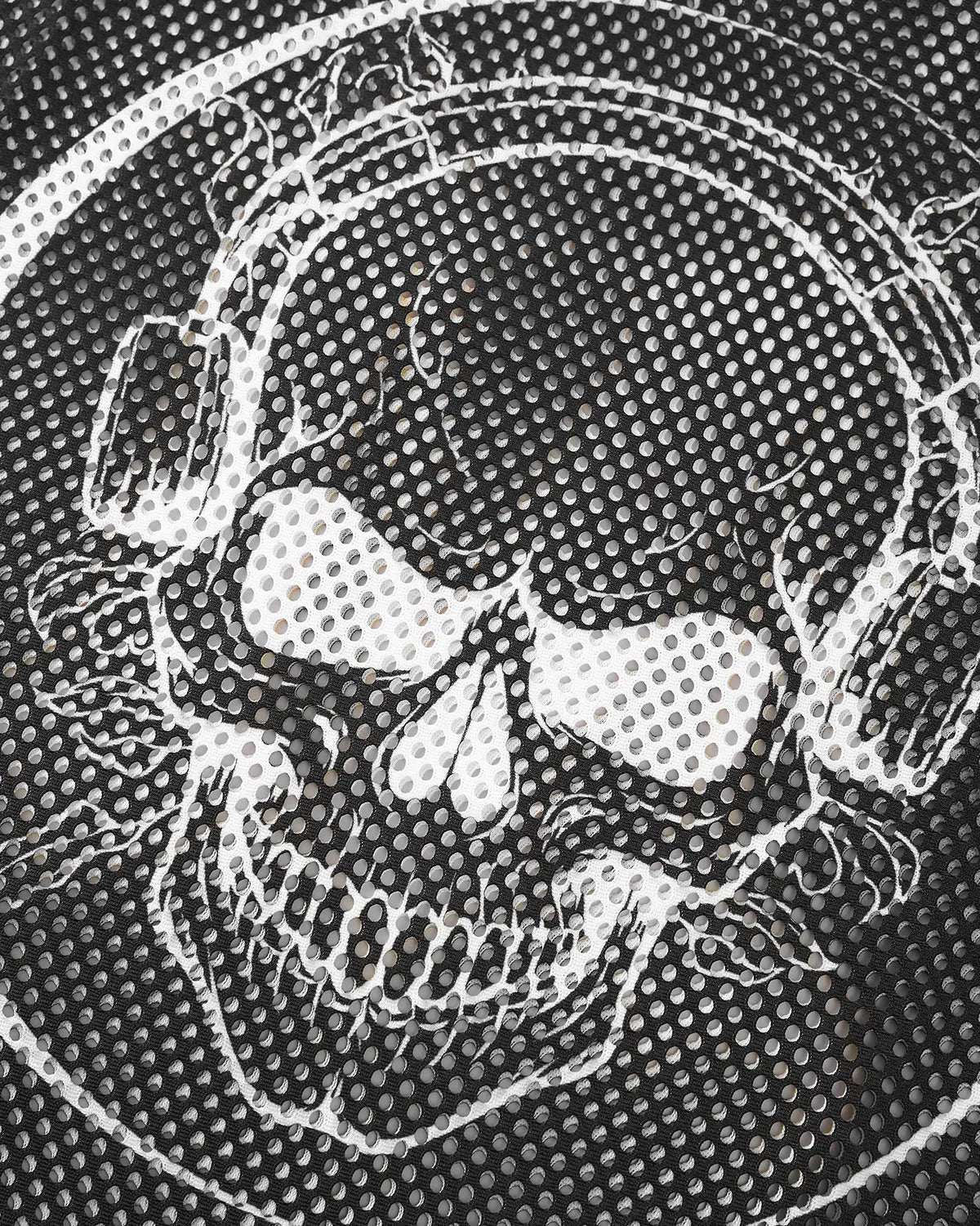 Inflation Mesh Skeleton Print Long Sleeve Tee featuring a detailed skeletal design on black mesh fabric.