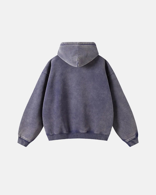 Inflation Streetwear 23 Washed Zip Up Hoodie in light blue with front pockets and a drawstring hood, casual streetwear look.