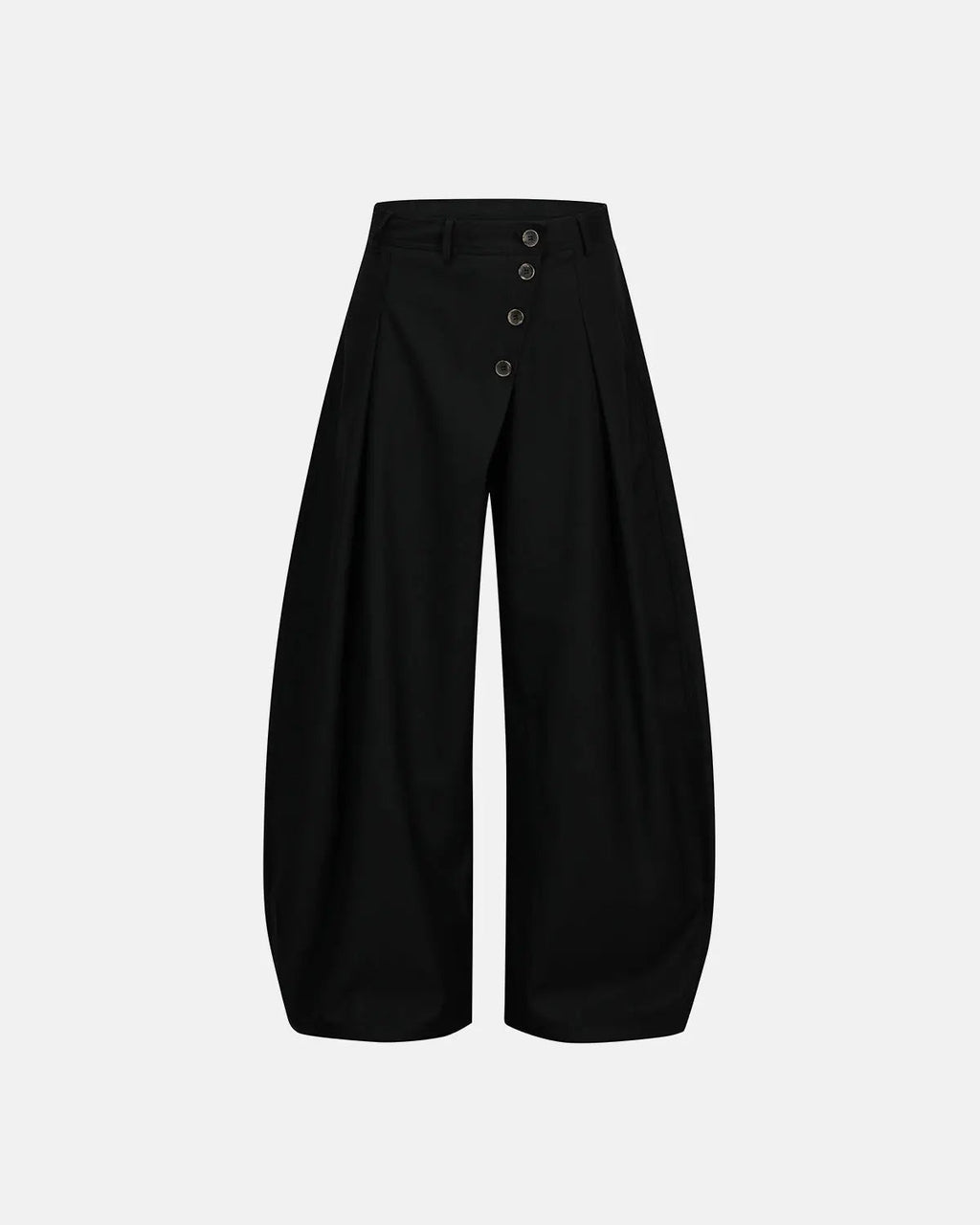 Asymmetric pleated barrel-leg suit pants by INFLATION, featuring a modern streetwear design with unique pleats and tailored fit.
