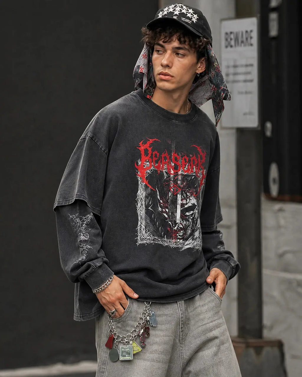 Graphic distressed acid wash layered T-shirt by INFLATION Streetwear, featuring a stylish, worn-in design with layered fabric details.