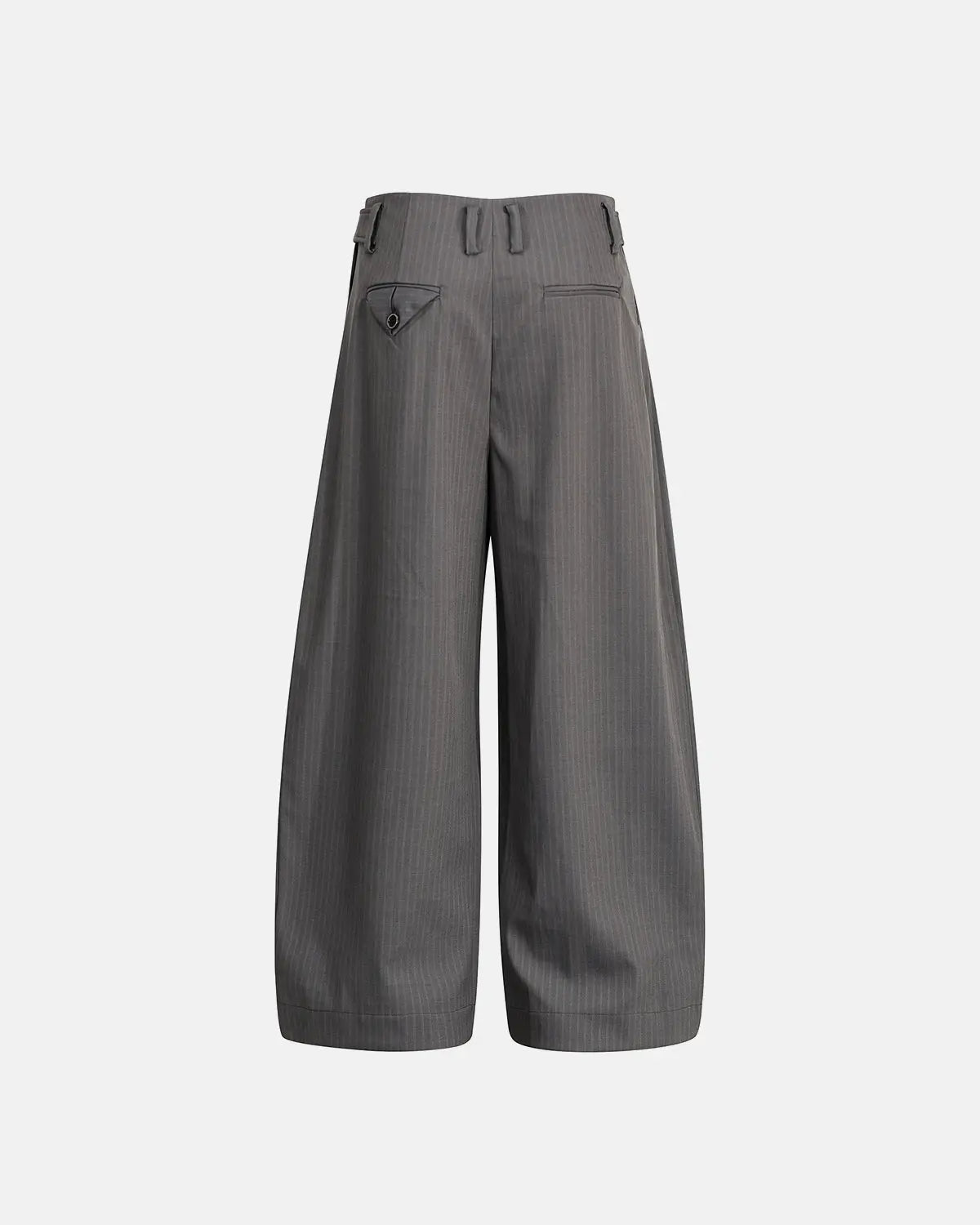 Inflation Streetwear pinstripe button barrel suit pants with tailored fit and classic design, featuring front and back pockets.