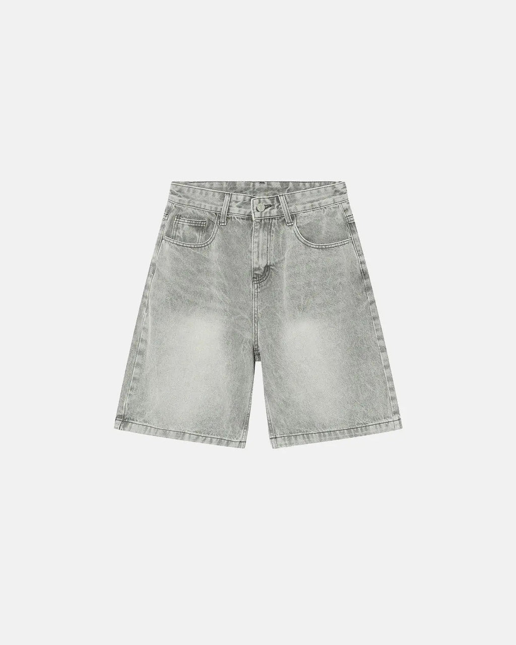 Washed knee-length denim jorts by INFLATION, casual pants with a relaxed fit and frayed hem, styled for streetwear fashion.