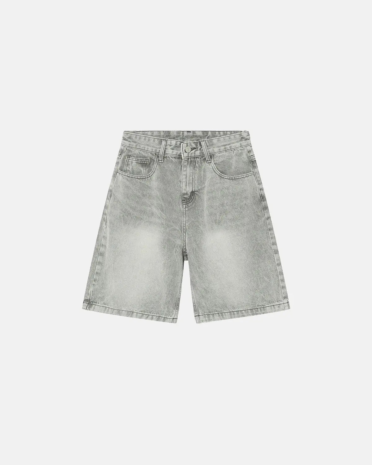 Washed knee-length denim jorts by INFLATION, casual pants with a relaxed fit and frayed hem, styled for streetwear fashion.