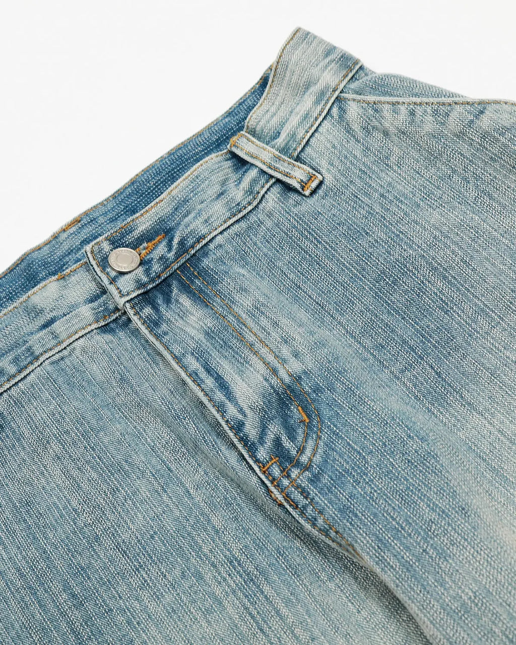 Inflation Stitching Bamboo Weave Baggy Jeans showing the relaxed fit and detailed bamboo pattern in natural denim fabric.