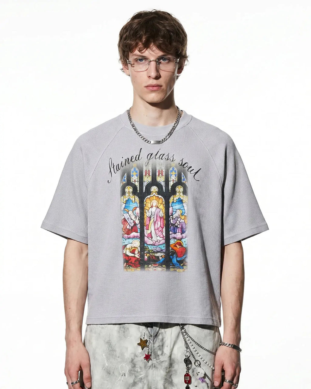 Inflation Streetwear washed graphic boxy waffle T-shirt, black color with bold printed design, casual fit, front view.