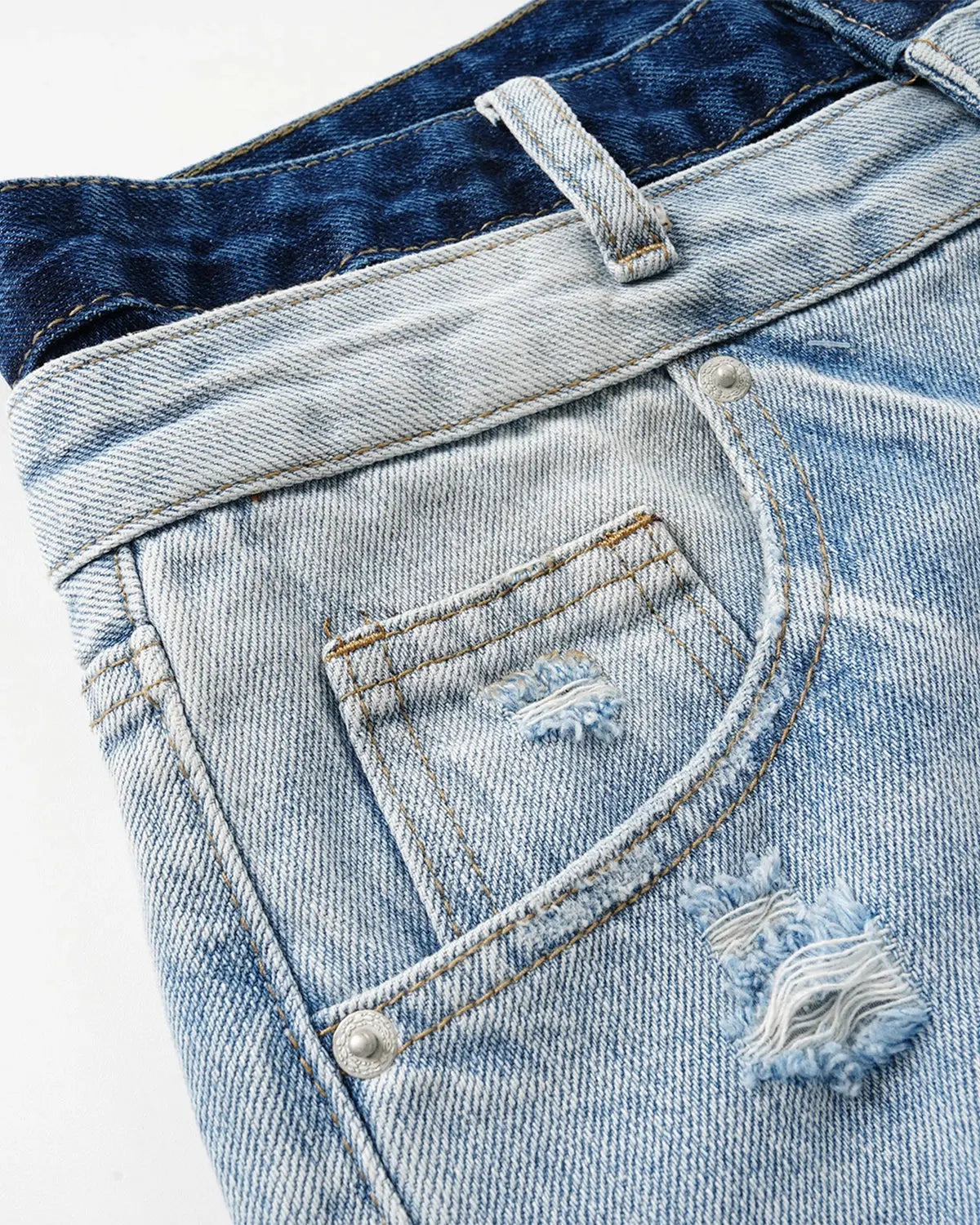 Distressed double waist baggy jeans from Inflation Streetwear featuring a relaxed fit and casual street style.