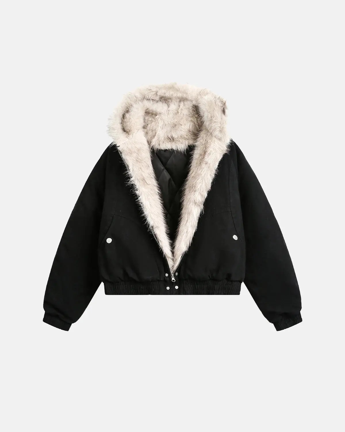 Inflation streetwear faux fur-lined bomber hooded jacket, black with zipper closure and cozy fur interior, stylish streetwear outerwear.