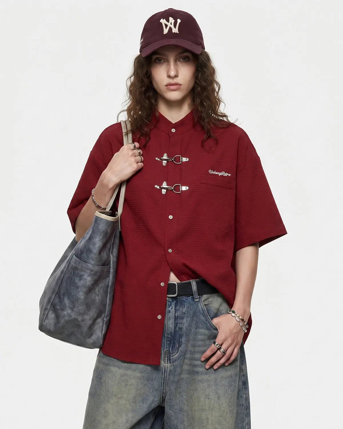 Inflation Streetwear waffle shirt featuring metal clasp detail, casual long-sleeve shirt with textured fabric and modern design.