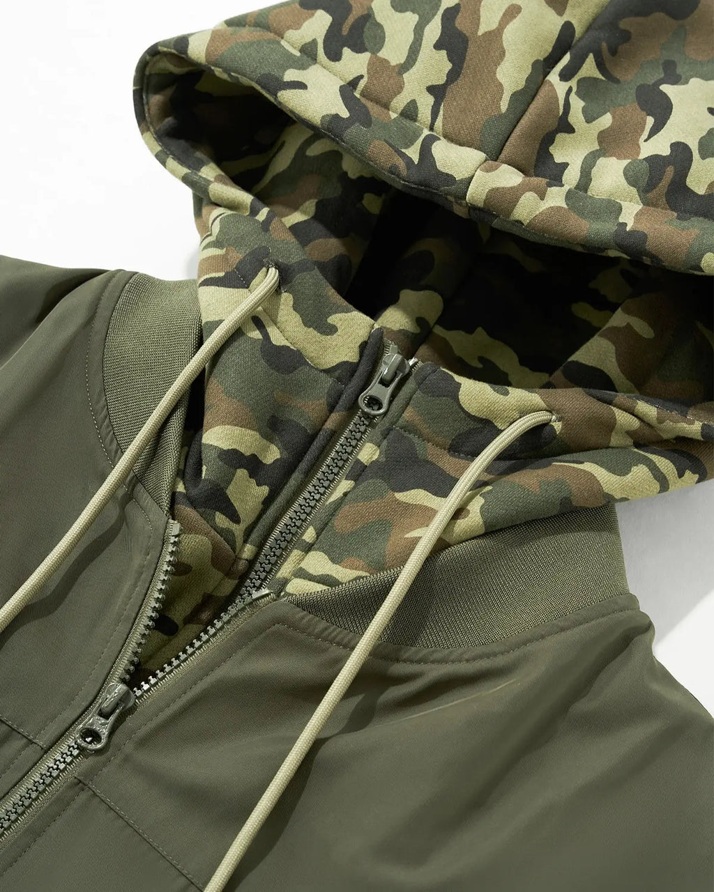 Detachable layered camo bomber jacket by INFLATION featuring a streetwear style with camouflage pattern and layered design.