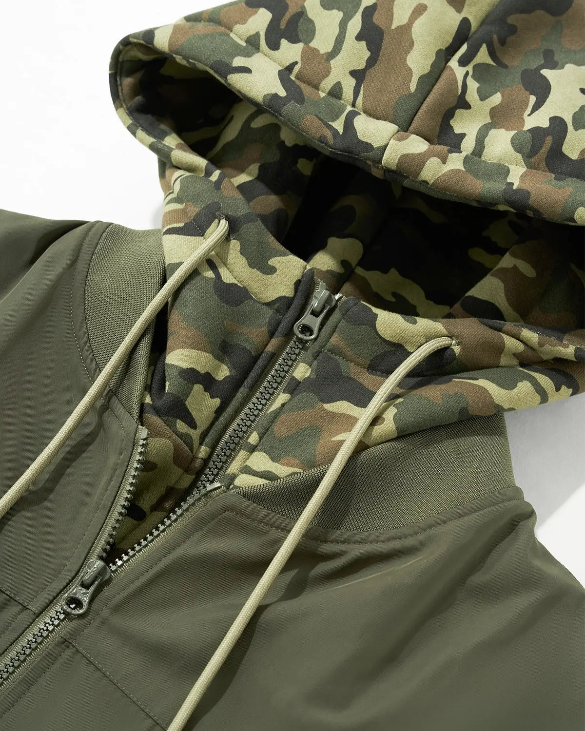 Detachable layered camo bomber jacket by INFLATION featuring a streetwear style with camouflage pattern and layered design.