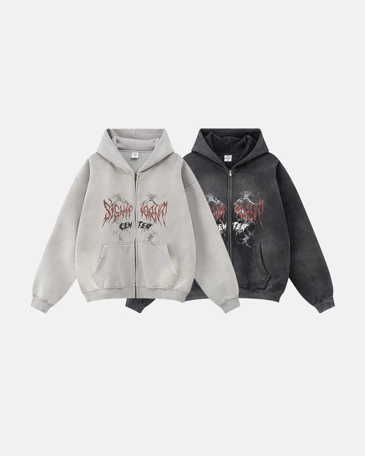 INFLATION washed graphic zip-up hoodie with front zipper, featuring bold print and casual fit, laid flat on a white background.