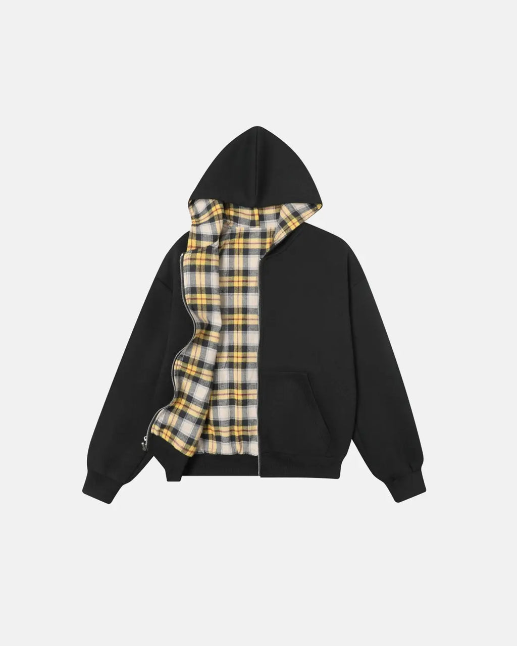 Reversible plaid zip-up hoodie by INFLATION, featuring a stylish checkered pattern and adjustable hood for casual streetwear.