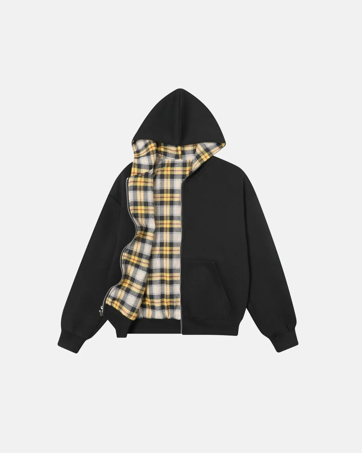 Reversible plaid zip-up hoodie by INFLATION, featuring a stylish checkered pattern and adjustable hood for casual streetwear.