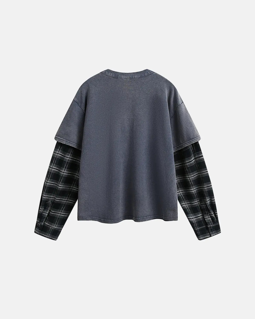Inflation Streetwear distressed plaid layered long sleeve T-shirt with a casual, urban style and mixed fabric design.