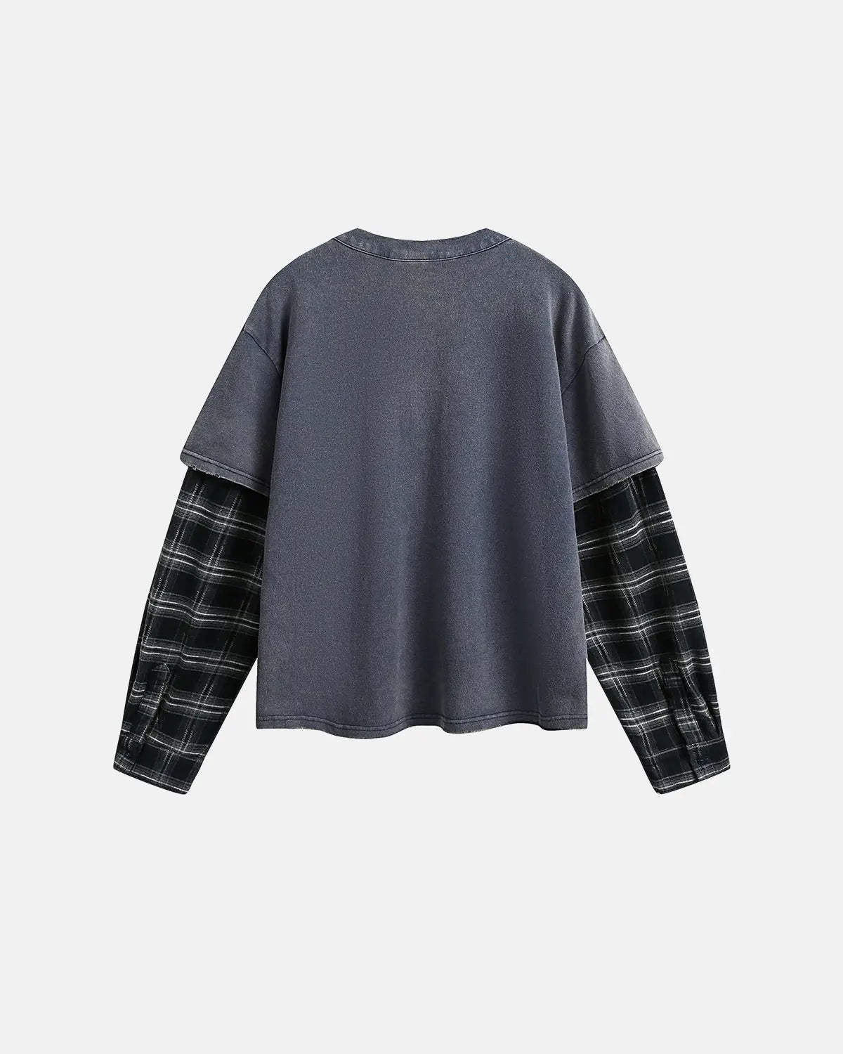 Inflation Streetwear distressed plaid layered long sleeve T-shirt with a casual, urban style and mixed fabric design.