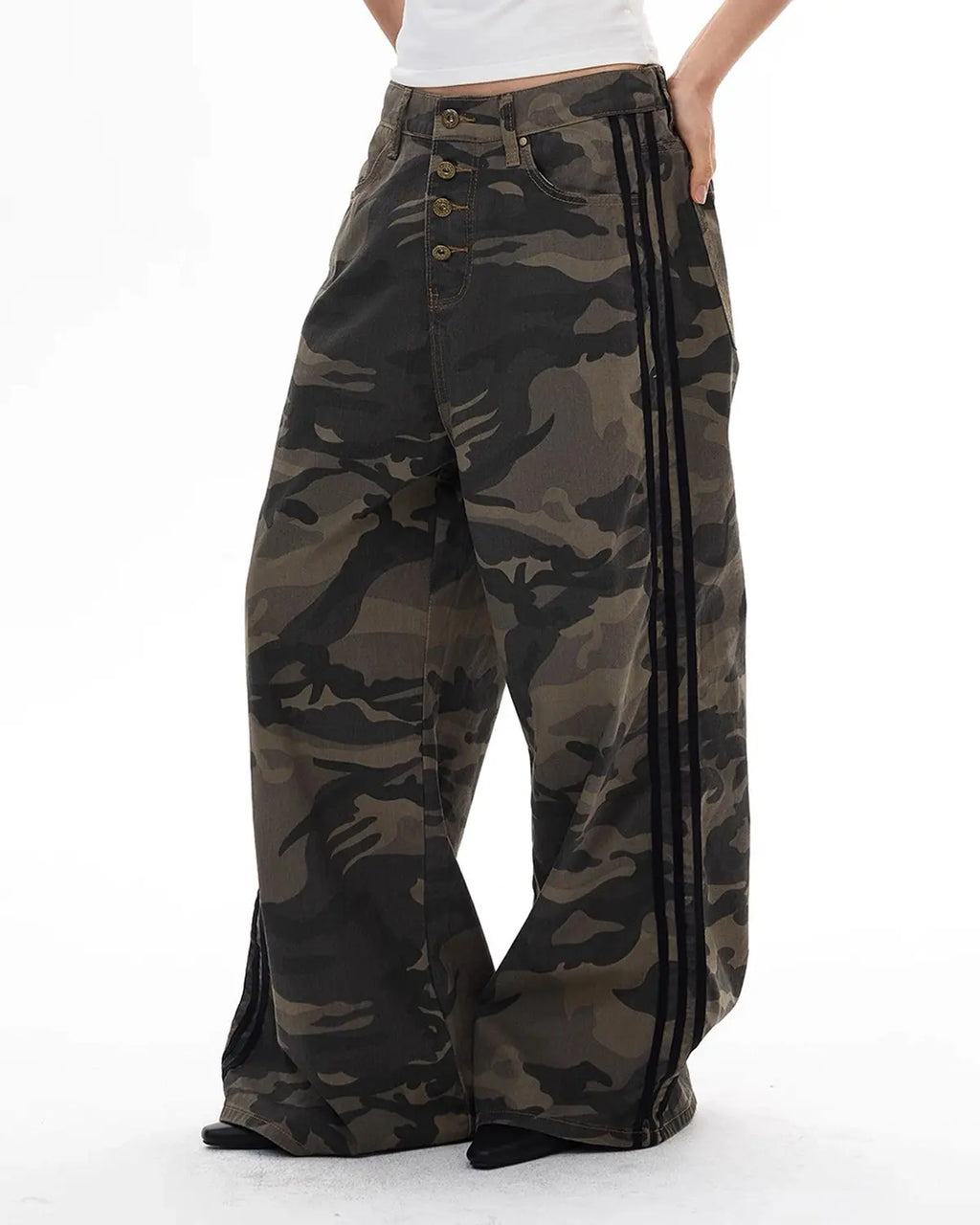 Inflation Camo Side Stripe Wide-Leg Pants with black and green camouflage pattern and side stripe detail, styled for streetwear.