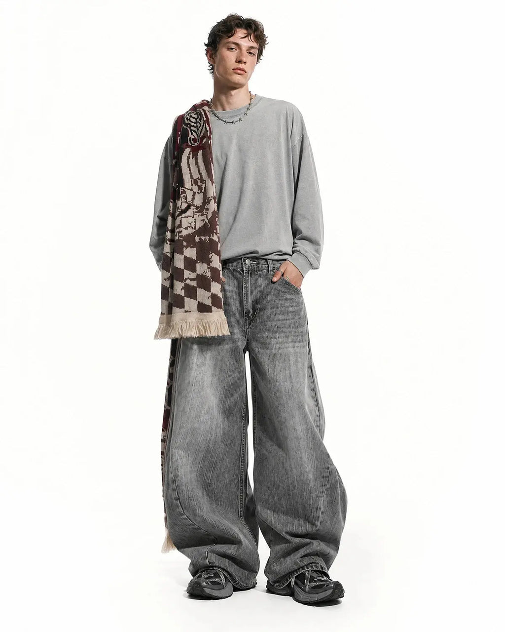 Inflation Streetwear bamboo weave barrel jeans, stylish pants with unique textured fabric and relaxed fit, front view.
