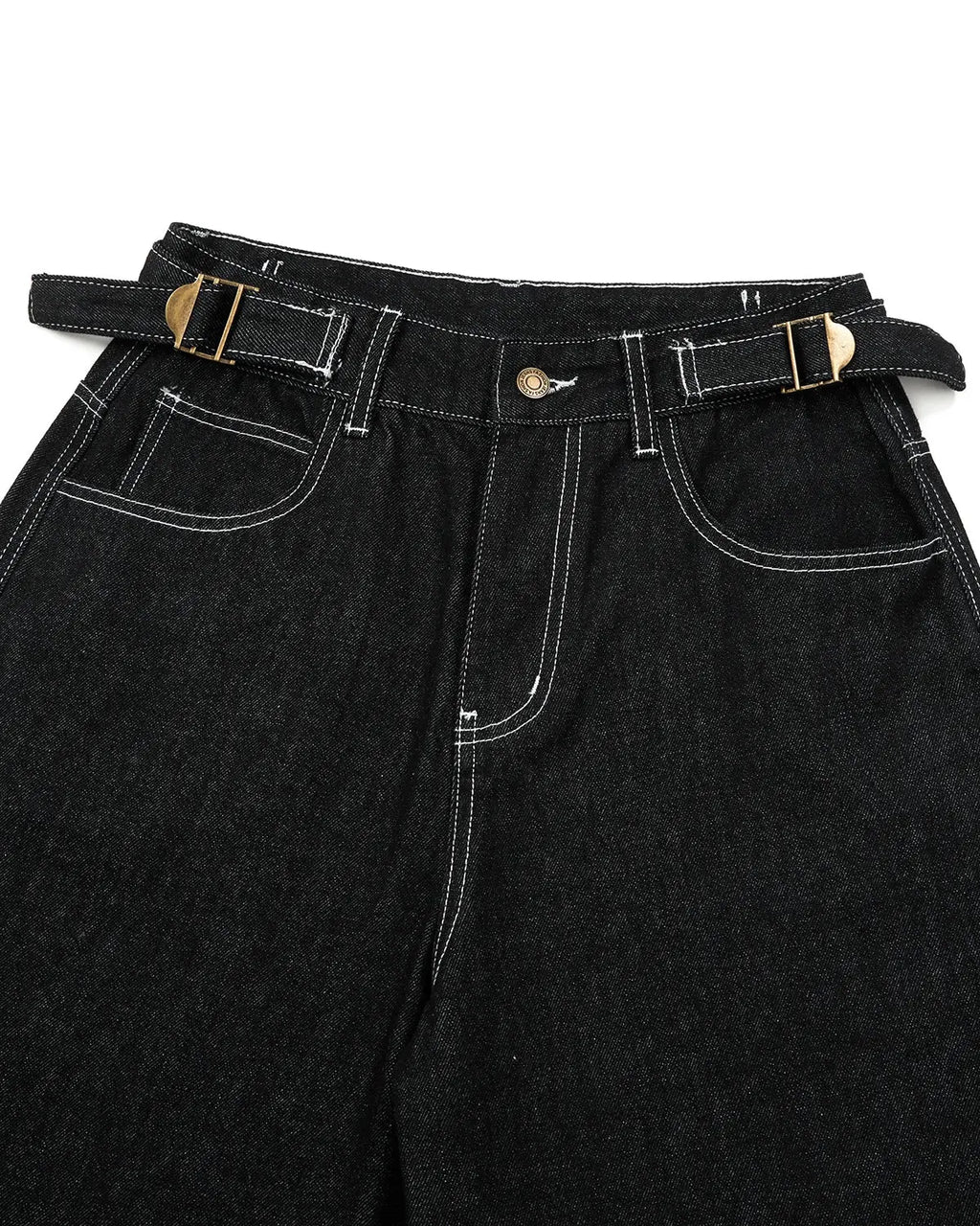 Raw denim baggy jorts from INFLATION, casual streetwear pants with adjustable tabs, featuring a relaxed fit and distressed detailing.
