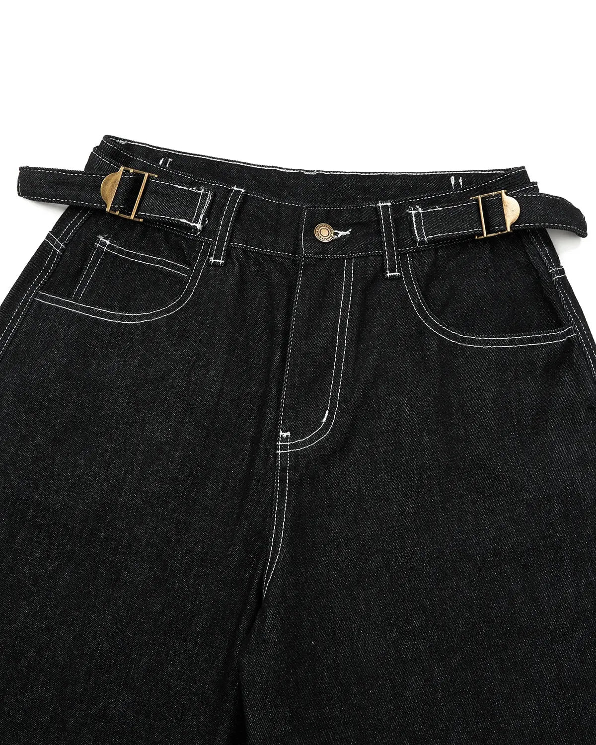 Raw denim baggy jorts from INFLATION, casual streetwear pants with adjustable tabs, featuring a relaxed fit and distressed detailing.
