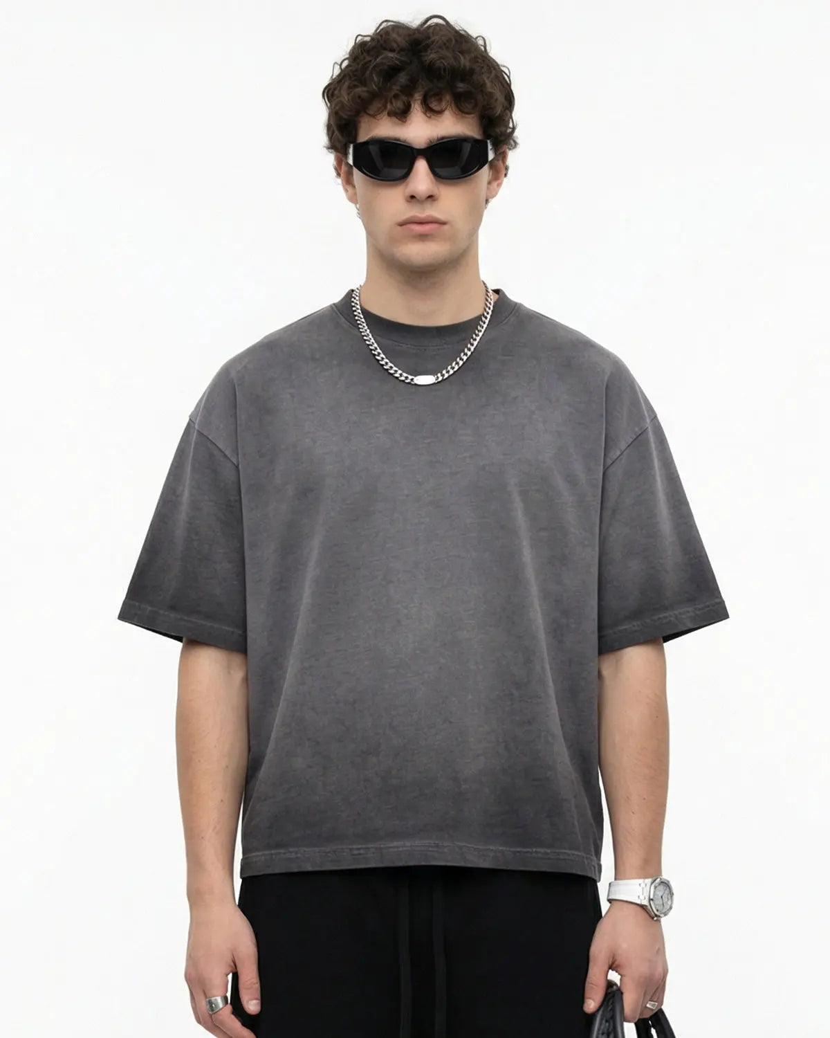 Inflation Streetwear Monkey Washed Dyed Fade Boxy T-Shirt, front view showing washed denim-inspired fabric and relaxed fit.