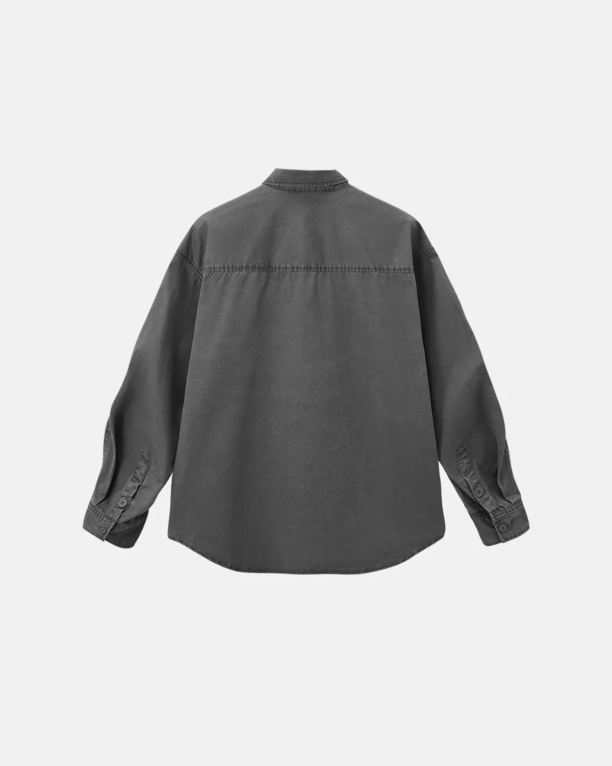 Acid wash cargo shirt jacket by INFLATION, featuring multiple pockets and a relaxed streetwear style with distressed fabric.