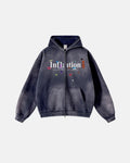 Inflation Streetwear graphic acid washed zip-up hoodie featuring a casual fit and distressed design.