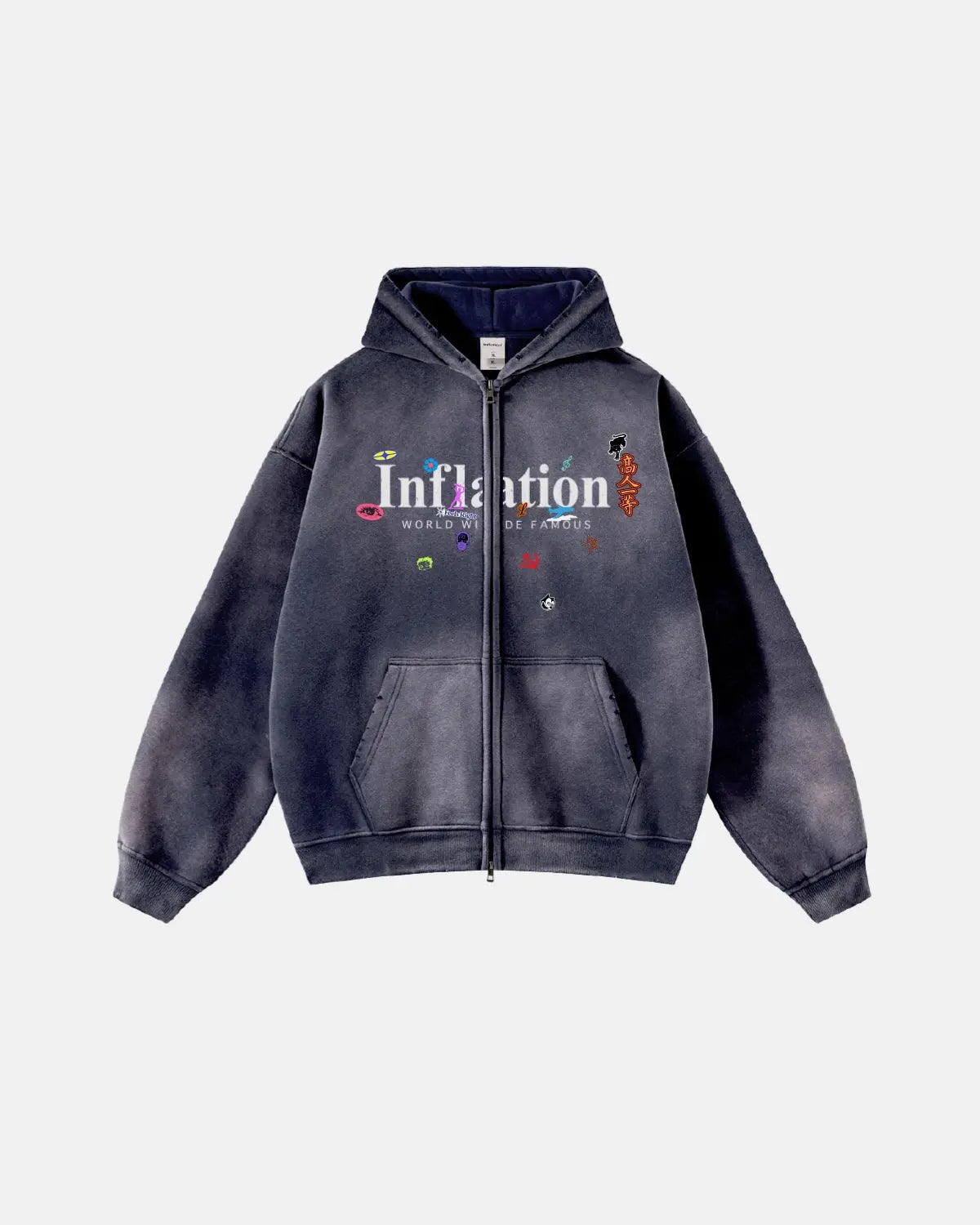 Inflation Streetwear graphic acid washed zip-up hoodie featuring a casual fit and distressed design.