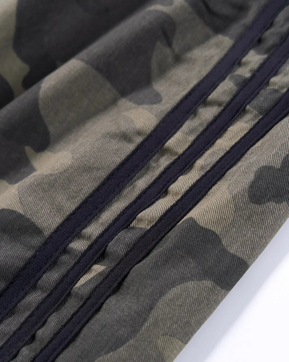 Inflation Camo Side Stripe Wide-Leg Pants featuring a camouflage pattern and side stripe detail, styled for streetwear fashion.