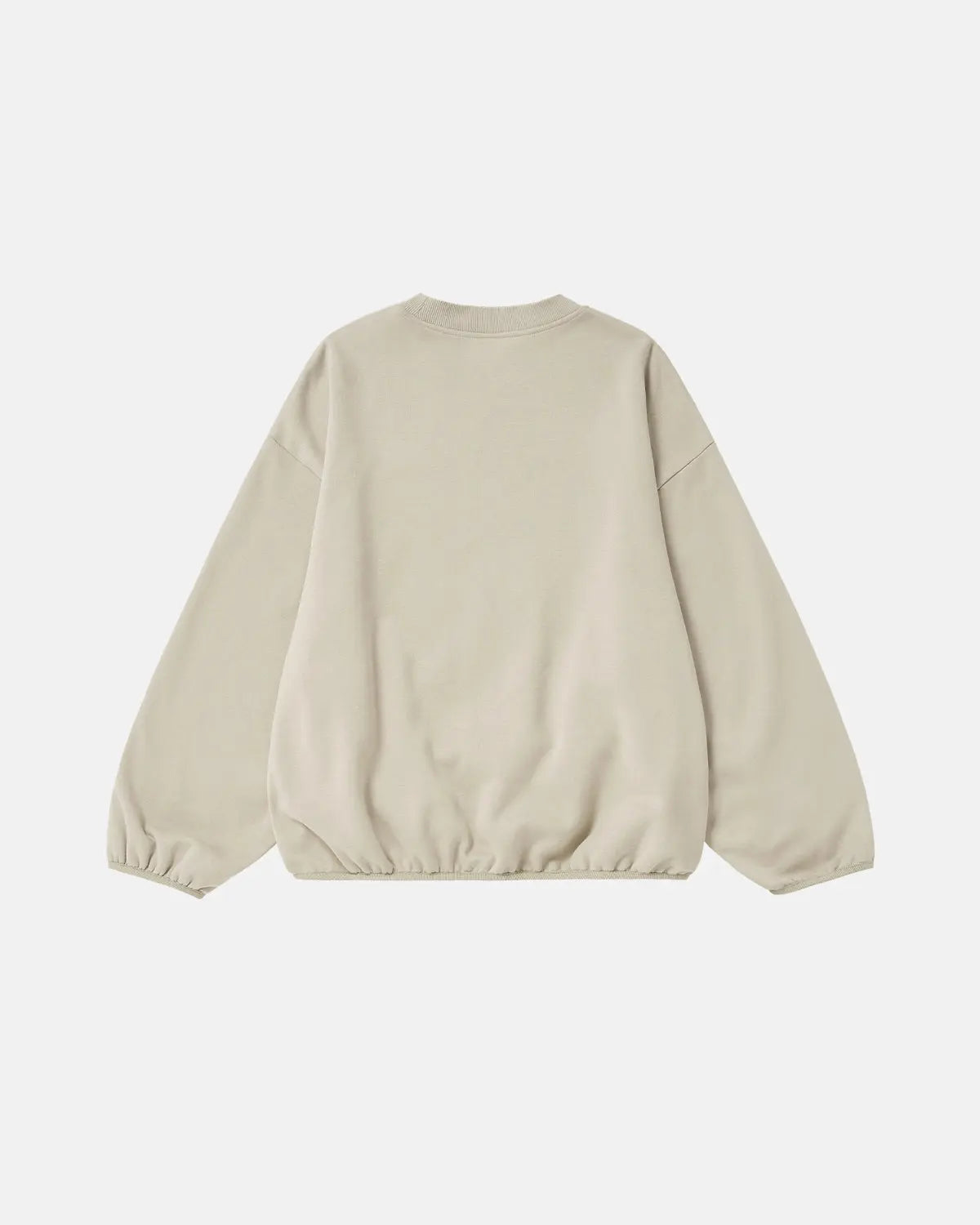 Inflation Streetwear premium boxy crewneck sweatshirt in neutral color, close-up of fabric and fit.