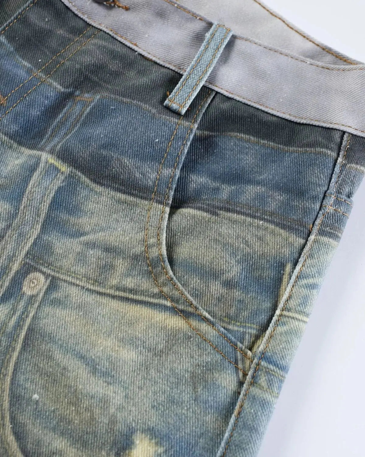 Inflation Streetwear 3D print multi-waist barrel jeans featuring unique layered, textured design in denim fabric.