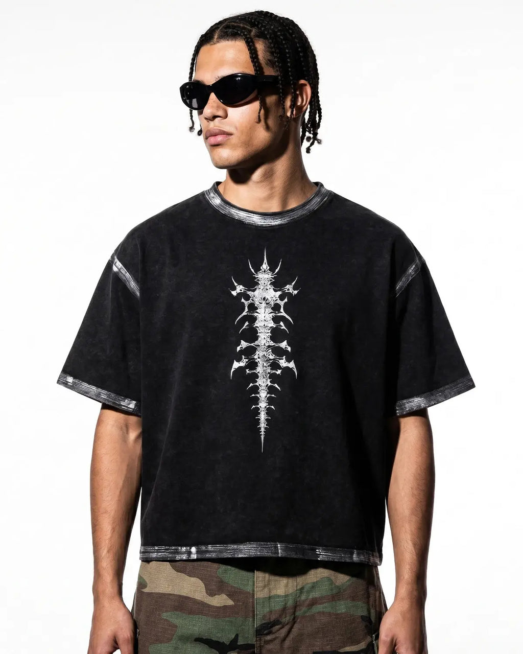 Distressed painted graphic boxy T-shirt by INFLATION Streetwear featuring bold urban style, casual fit, and artistic design.