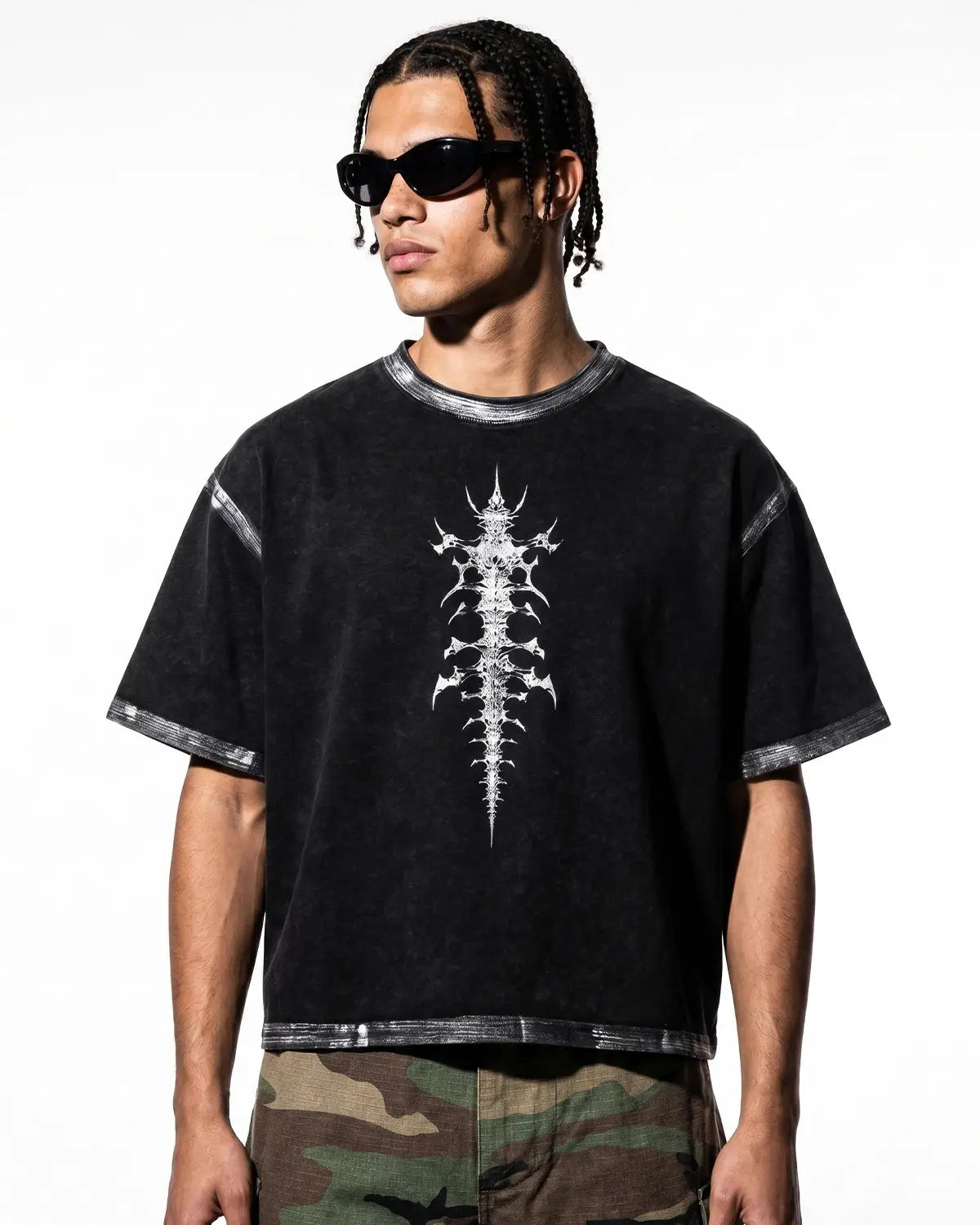 Distressed painted graphic boxy T-shirt by INFLATION Streetwear featuring bold urban style, casual fit, and artistic design.