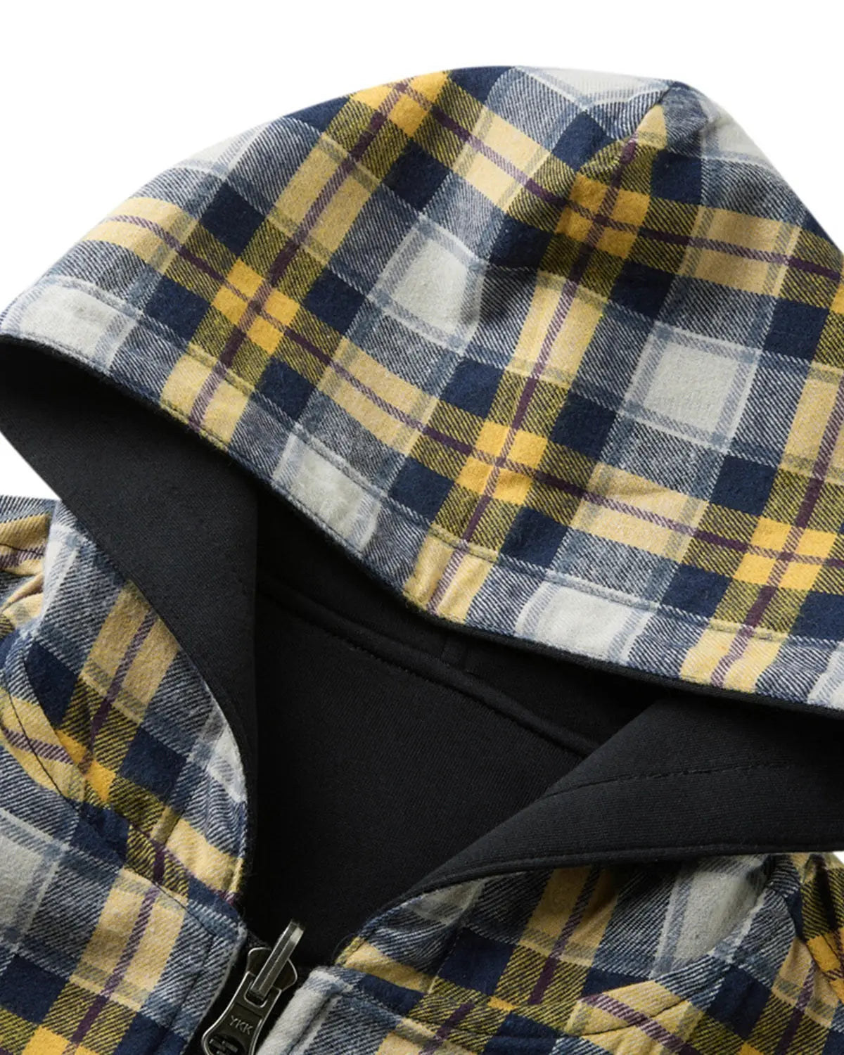Yellow plaid reversible zip-up hoodie by INFLATION Streetwear, showing the front with a hood and plaid pattern.