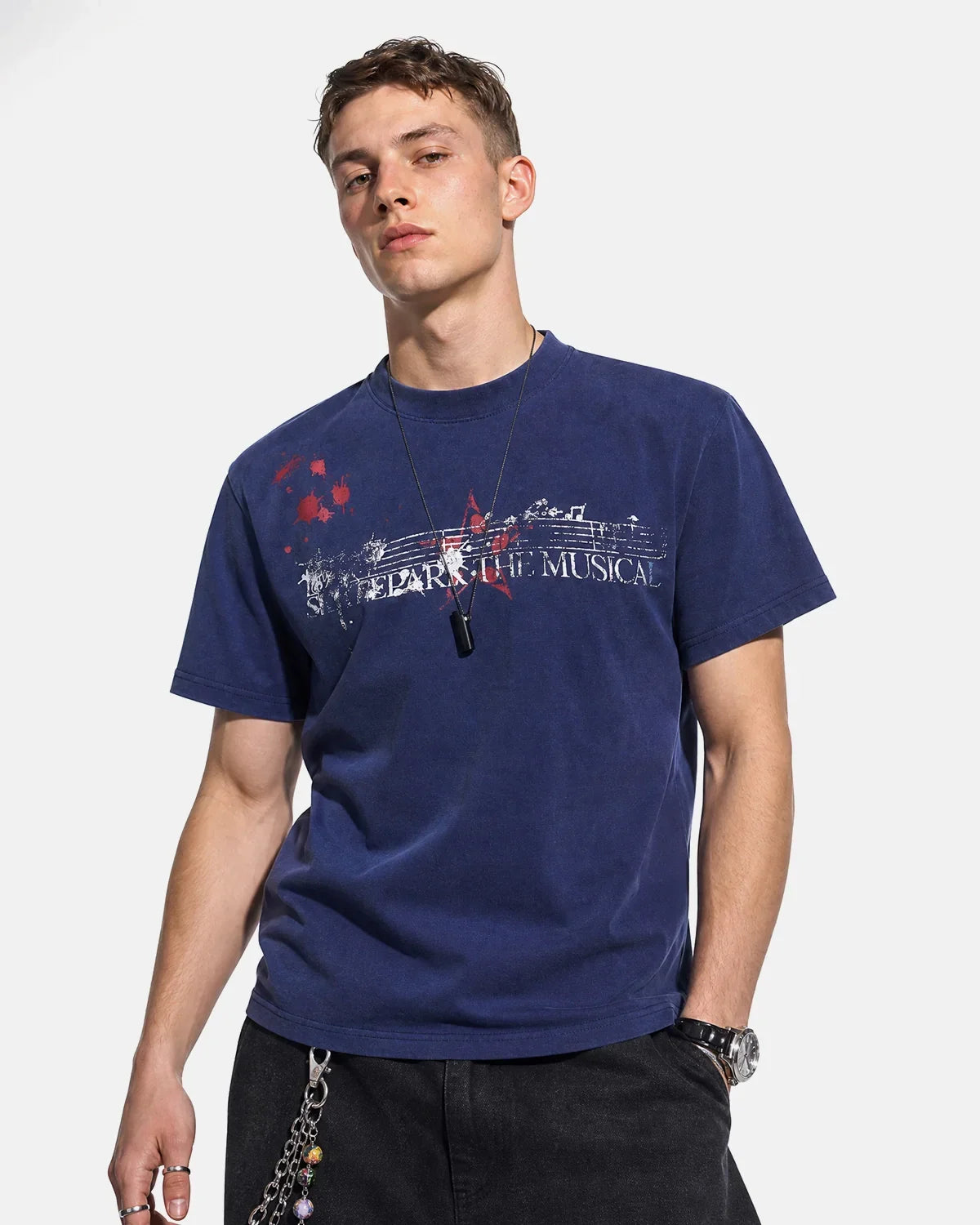Acid washed music graphic T-shirt by INFLATION featuring a vintage-inspired design and casual streetwear style.