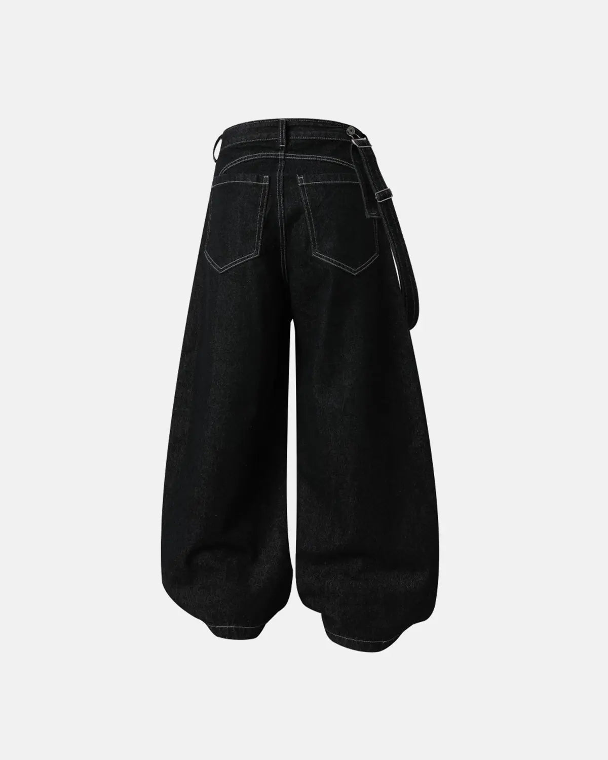 Asymmetric buckle denim overalls jeans by INFLATION featuring a stylish fit and distressed details, casual streetwear pants.