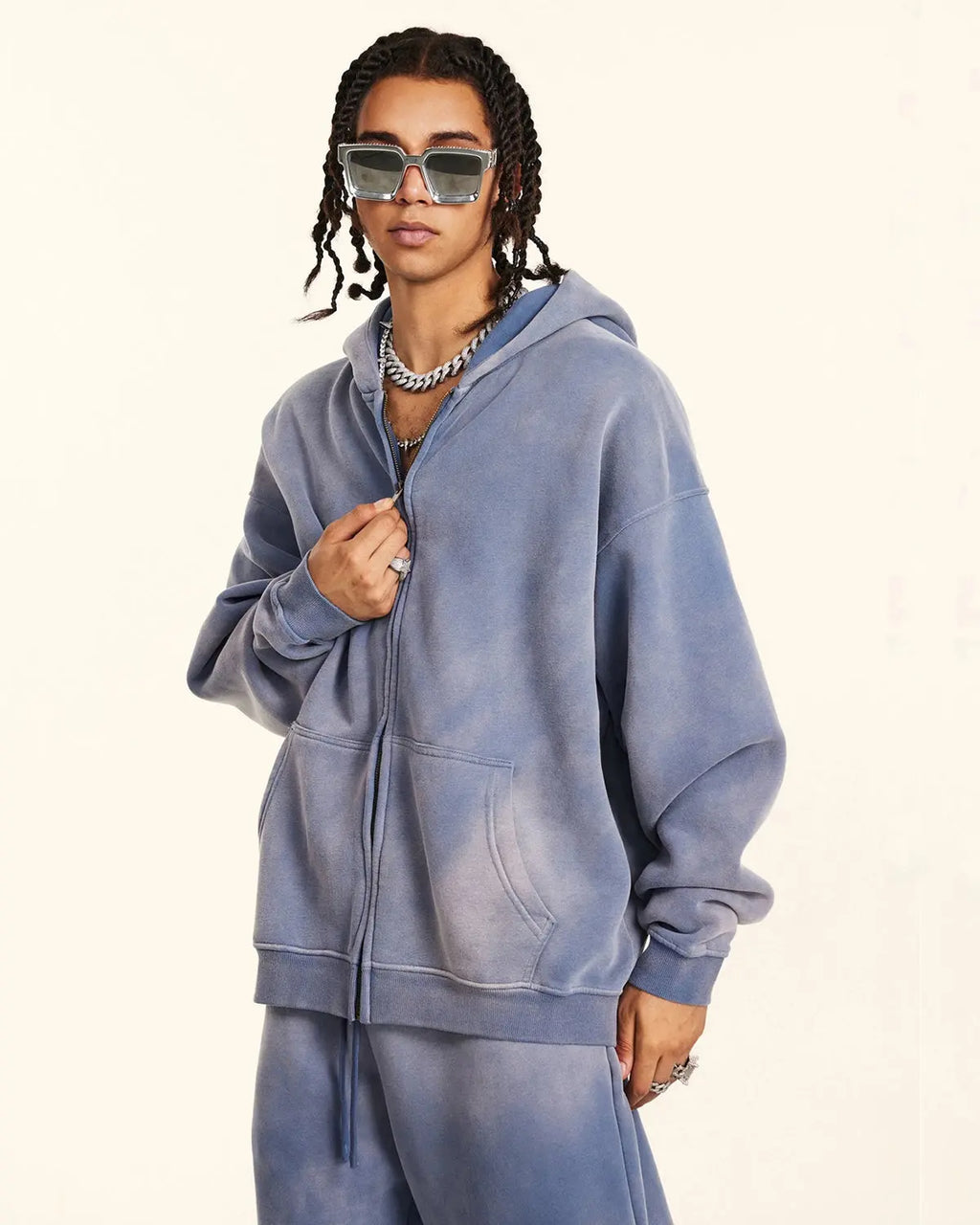 Acid washed ZIP UP hoodie by INFLATION Streetwear featuring a relaxed fit and distressed fabric in a trendy style.