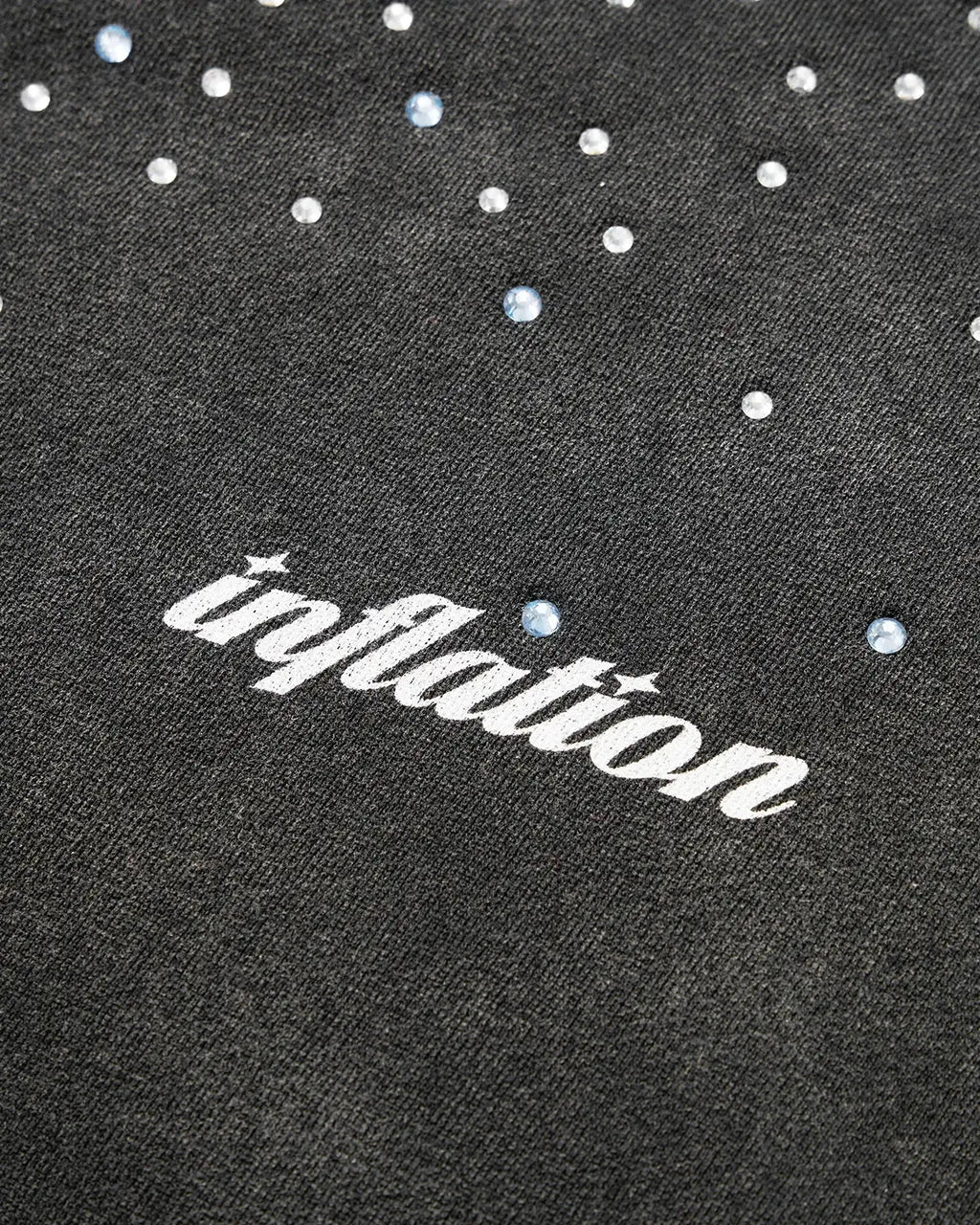 Inflation Streetwear distressed washed rhinestone zip-up hoodie with a front zipper and rhinestone embellishments, casual street style.