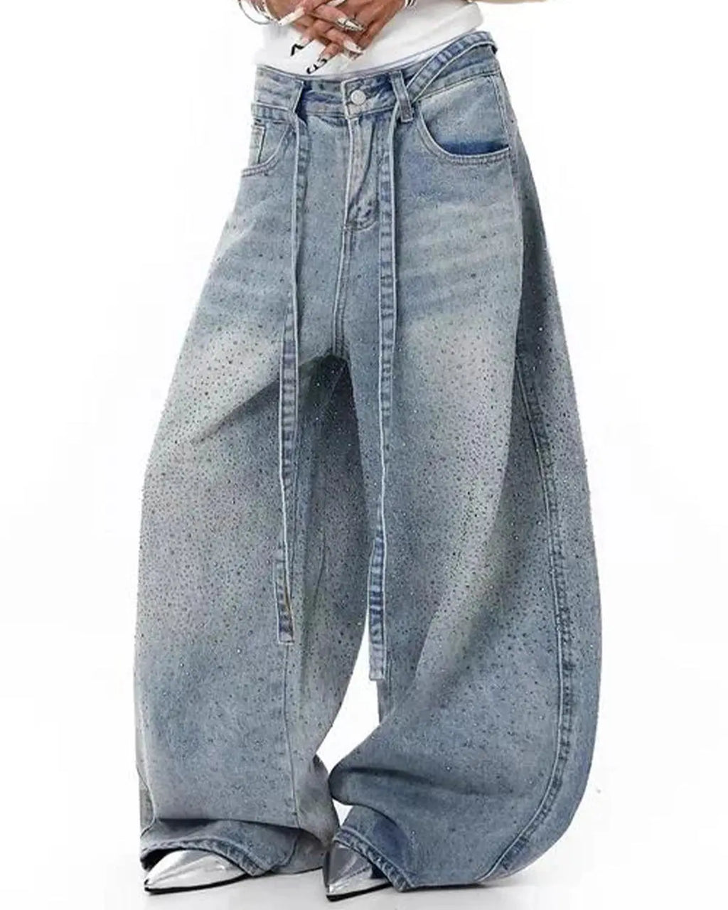 Inflation Rhinestone Baggy Barrel Jeans with decorative rhinestones, loose fit, and streetwear style in a casual denim look.