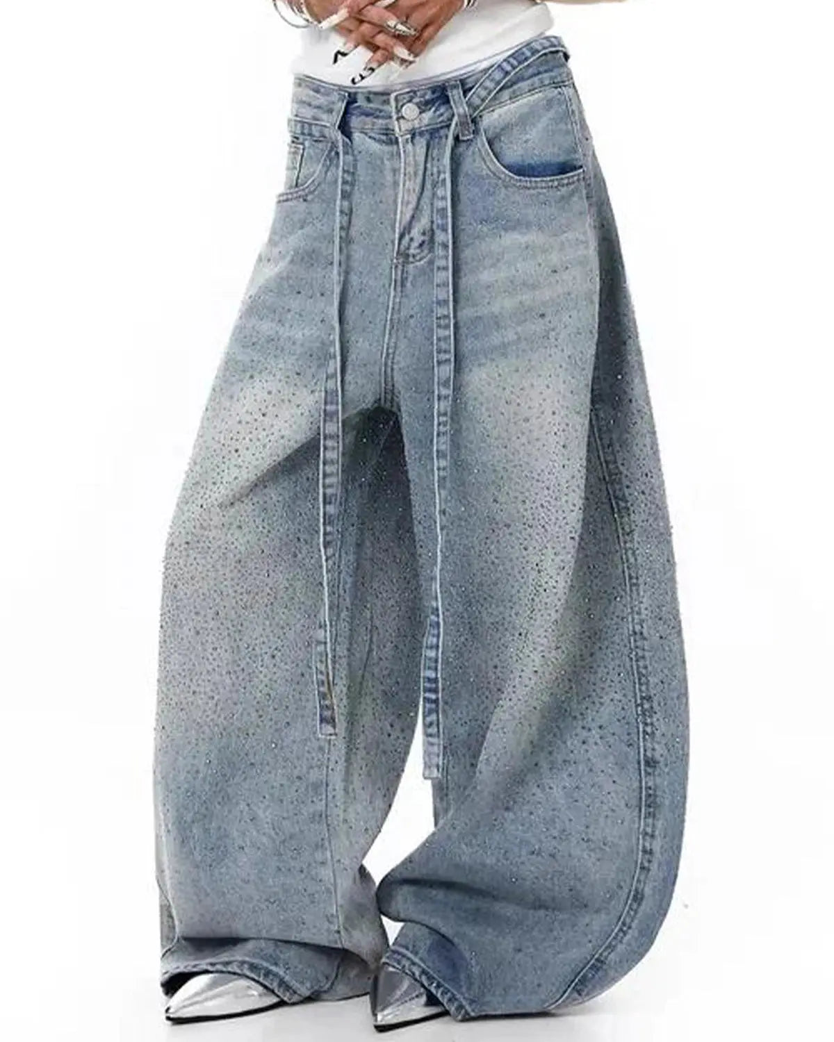 Inflation Rhinestone Baggy Barrel Jeans with decorative rhinestones, loose fit, and streetwear style in a casual denim look.