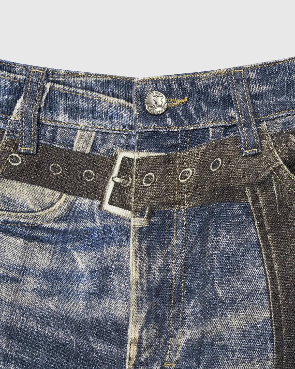 Colorblock digital printing cotton jeans by INFLATION featuring vibrant color blocking and classic denim style.