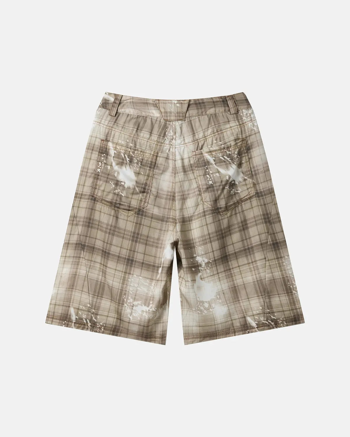 Inflation Streetwear Tencel washed plaid print longline shorts, lightweight casual pants with a relaxed fit and plaid design.
