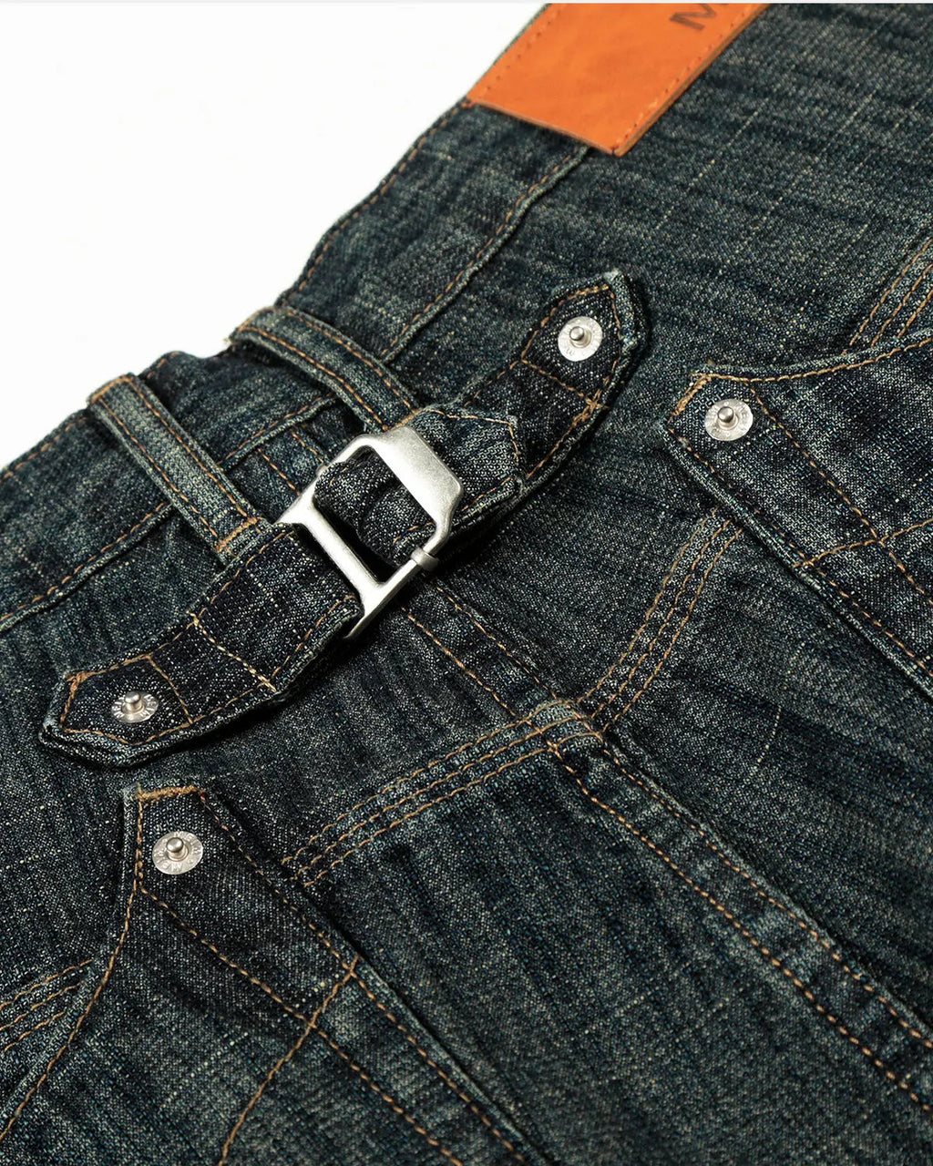 Inflation streetwear cinch back bamboo weave jeans showing fitted waistband, bamboo textured fabric, and stylish design details.