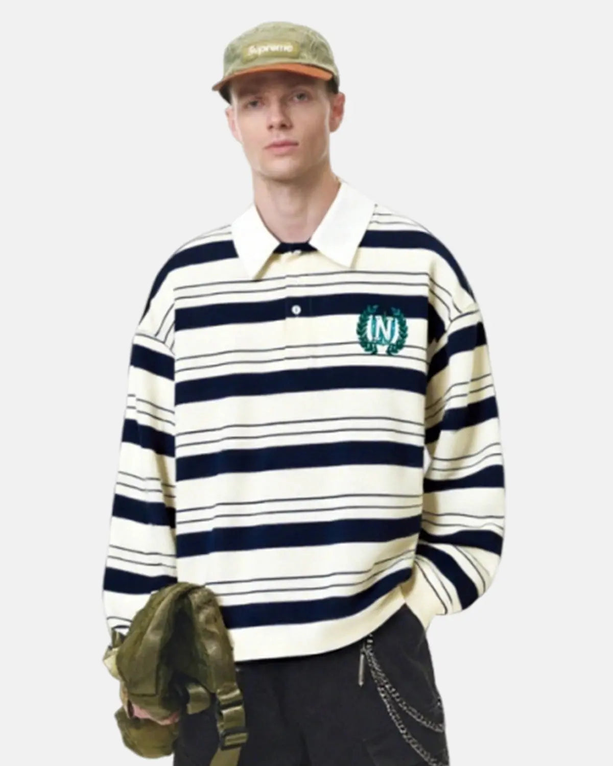 Inflation Streetwear striped rugby polo shirt, men's t-shirt with bold multicolor stripes and classic polo collar, casual style.