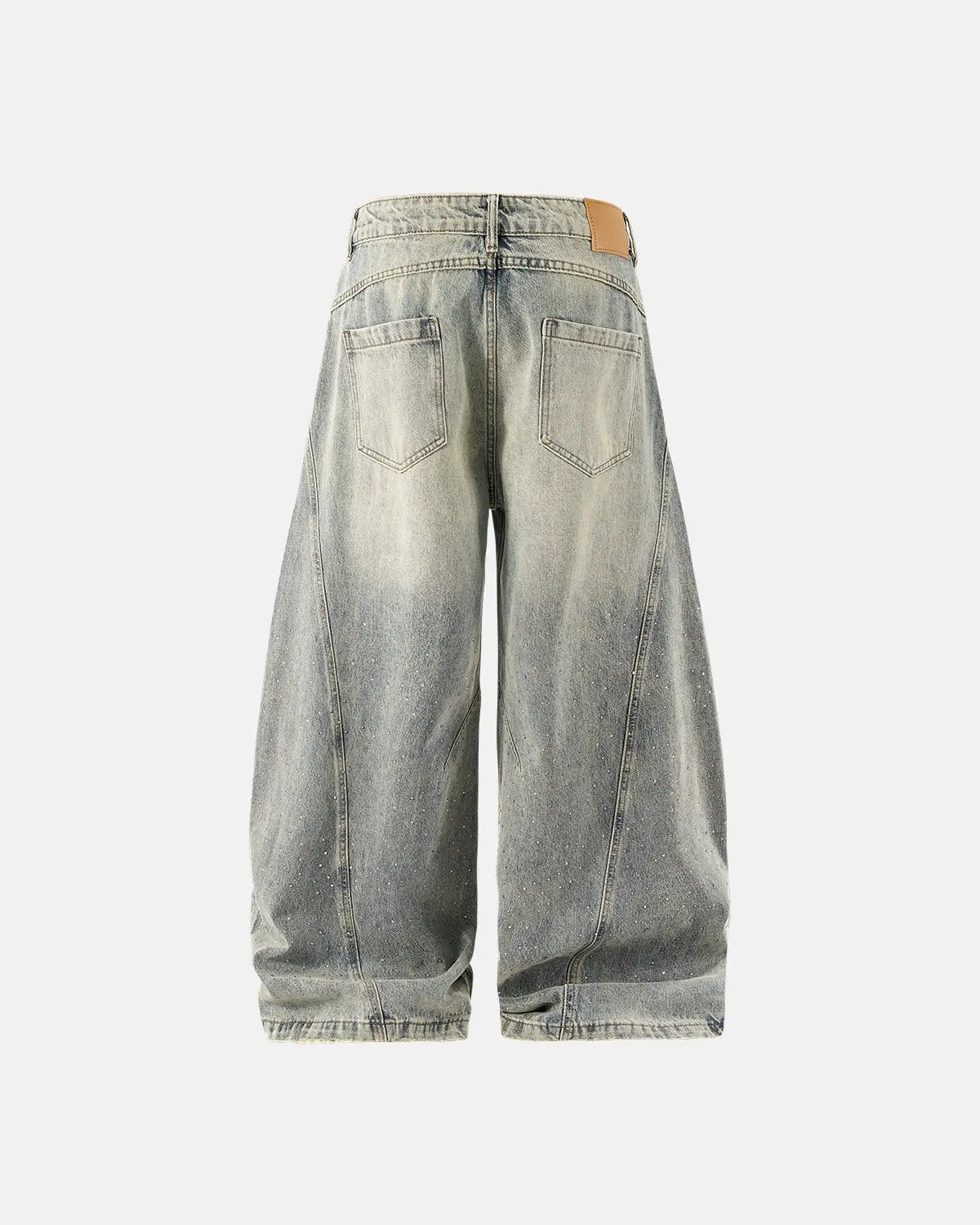 Colorful rhinestone ripped baggy jeans by INFLATION, featuring vibrant embellishments and distressed denim style.
