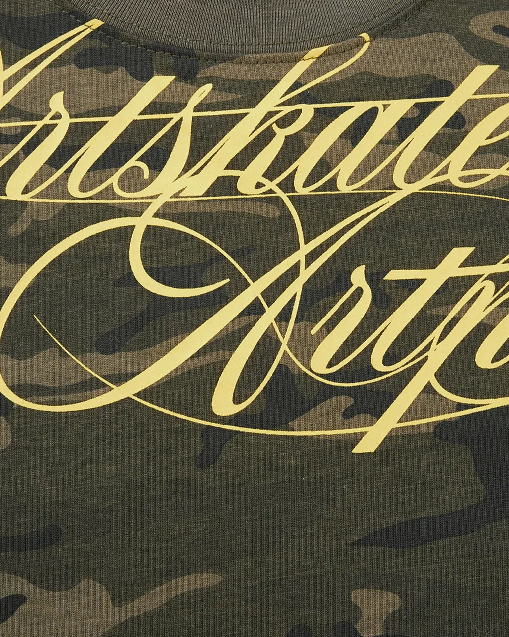 Camo Script Boxy T-Shirt by INFLATION featuring a camouflage pattern and bold script logo on the front, casual streetwear style.