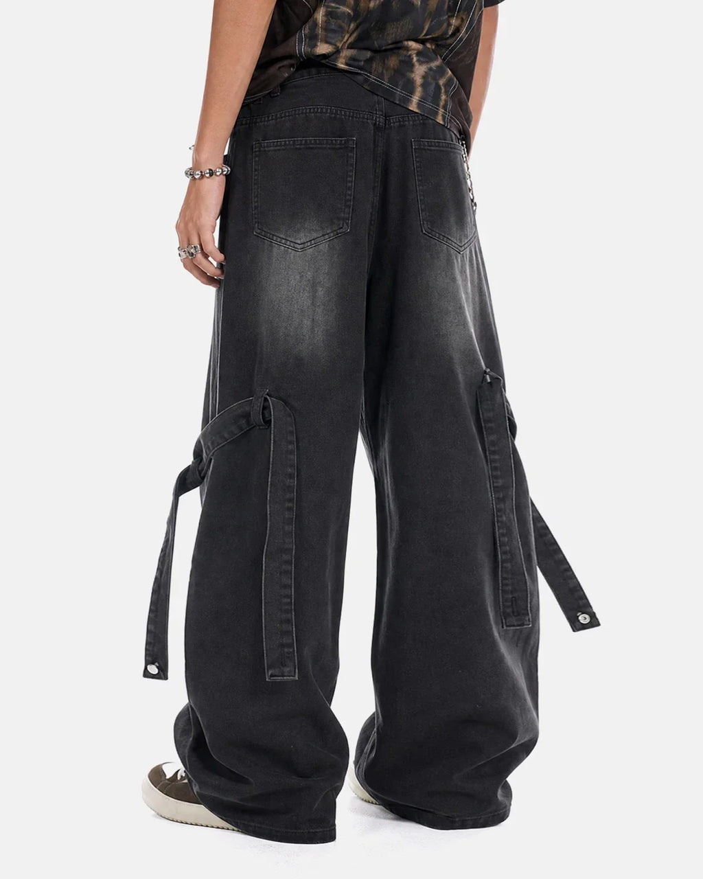 Inflation Streetwear adjustable strap washed straight-leg jeans, denim jeans with distressed details and casual fit.